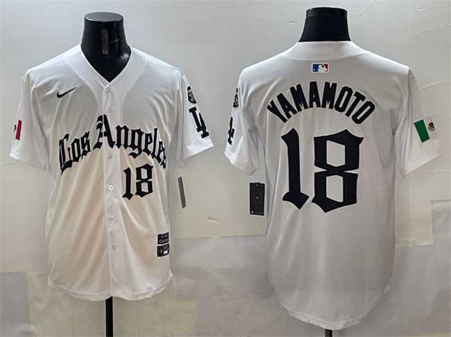 Mens Los Angeles Dodgers #18 Yoshinobu Yamamoto White Mexico 2025 LA Gothic Style With Fernando Patch Vapor Premier Limited Stitched Jersey